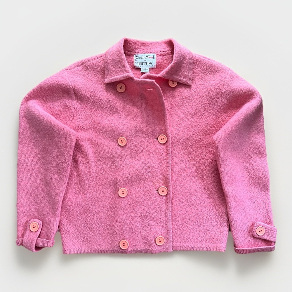 Vtg WondraWool Knitting Needles Jacket Pink Boiled Double Breasted Elle Woods